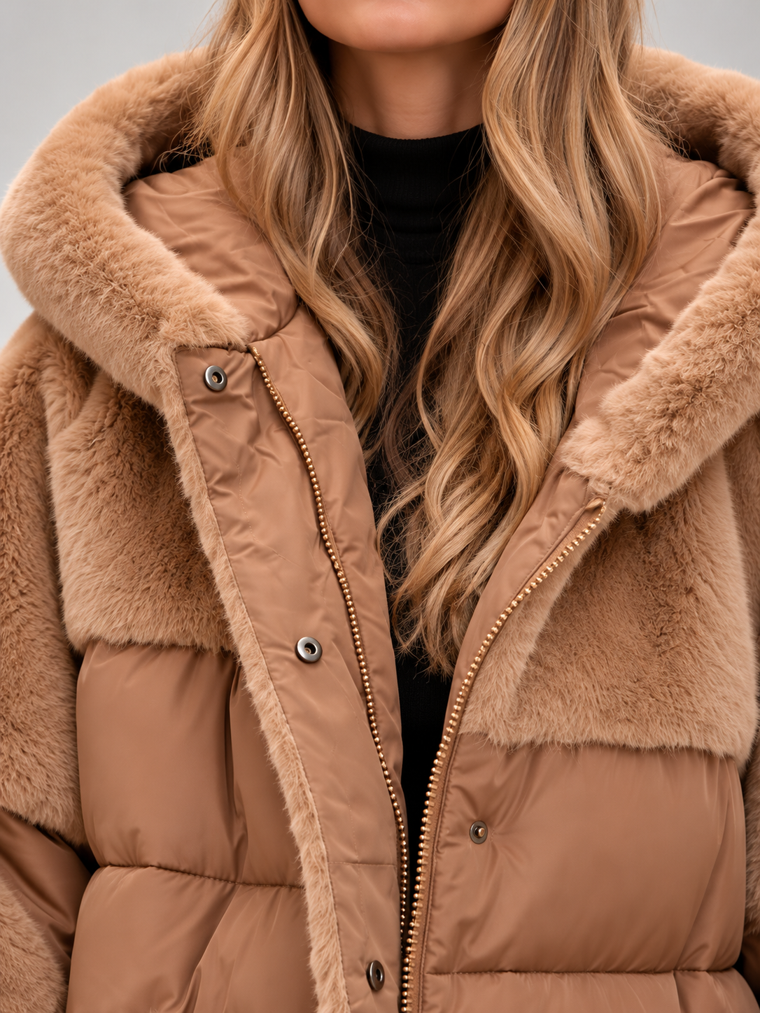 Women's Faux Fur Panel Hooded Puffer Jacket | Ribbed Cuffs, Oversized