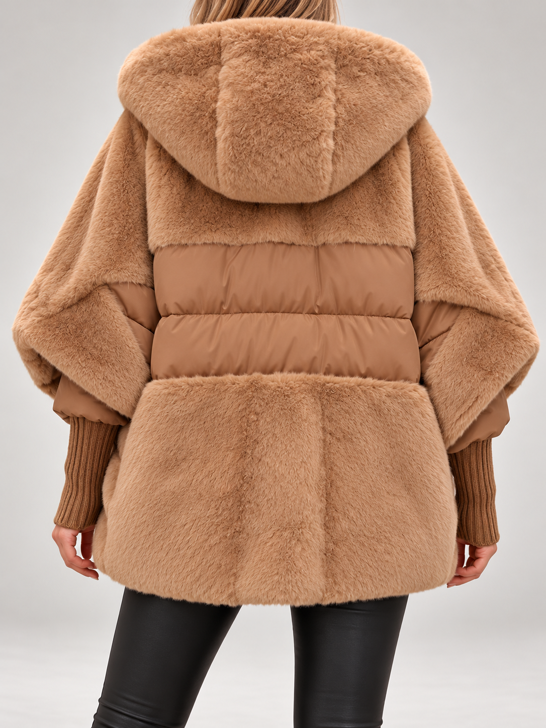 Women's Faux Fur Panel Hooded Puffer Jacket | Ribbed Cuffs, Oversized
