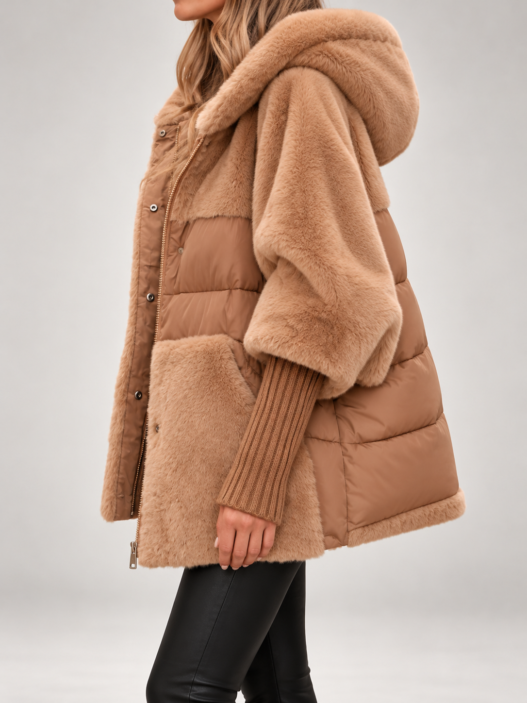 Women's Faux Fur Panel Hooded Puffer Jacket | Ribbed Cuffs, Oversized