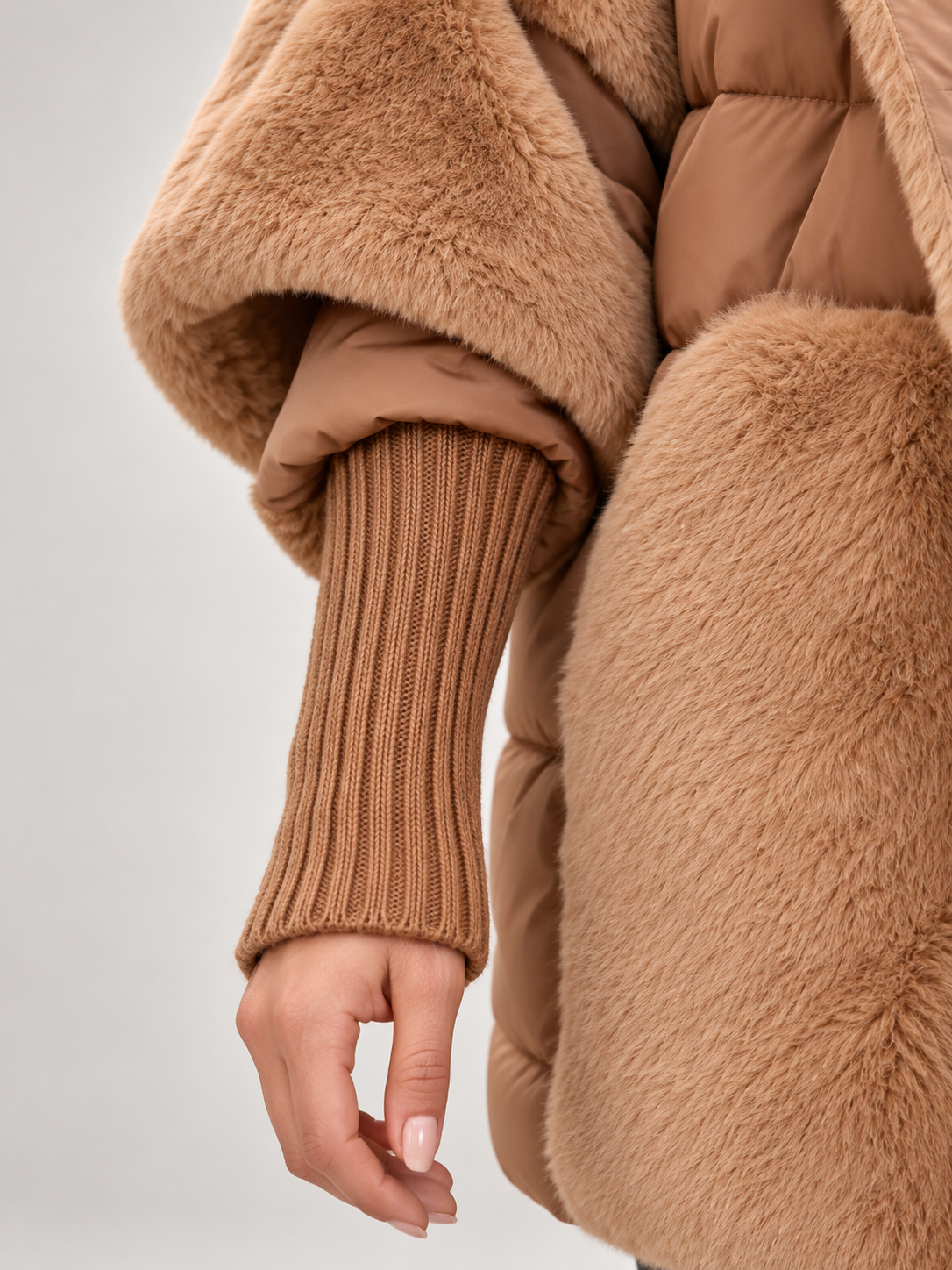 Women's Faux Fur Panel Hooded Puffer Jacket | Ribbed Cuffs, Oversized