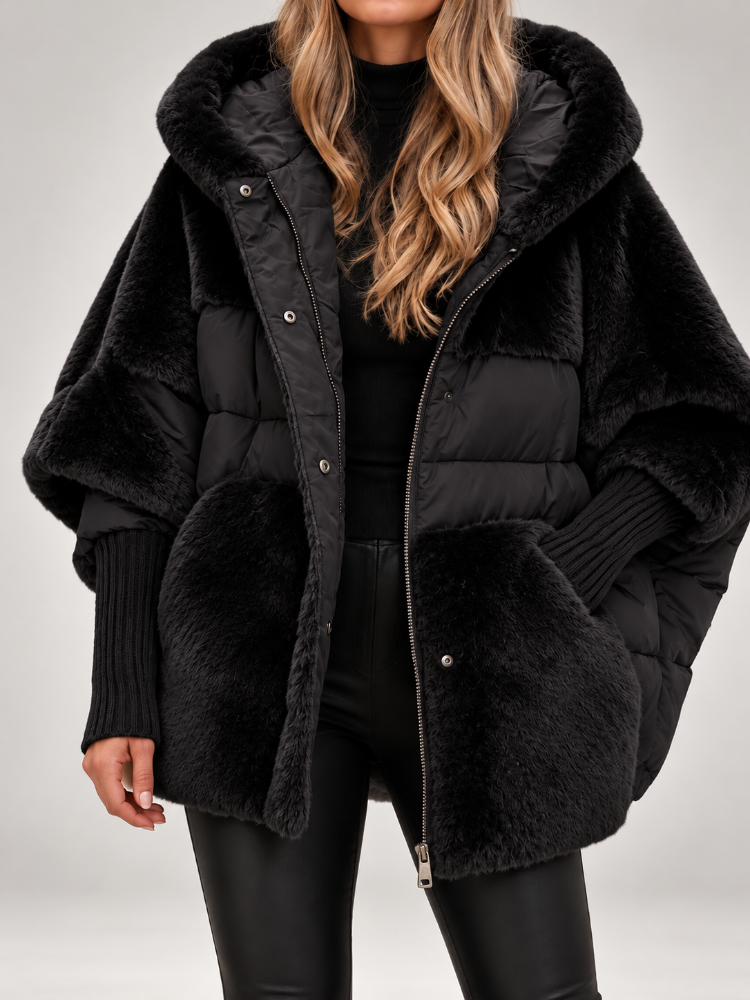 Women's Faux Fur Panel Hooded Puffer Jacket | Ribbed Cuffs, Oversized