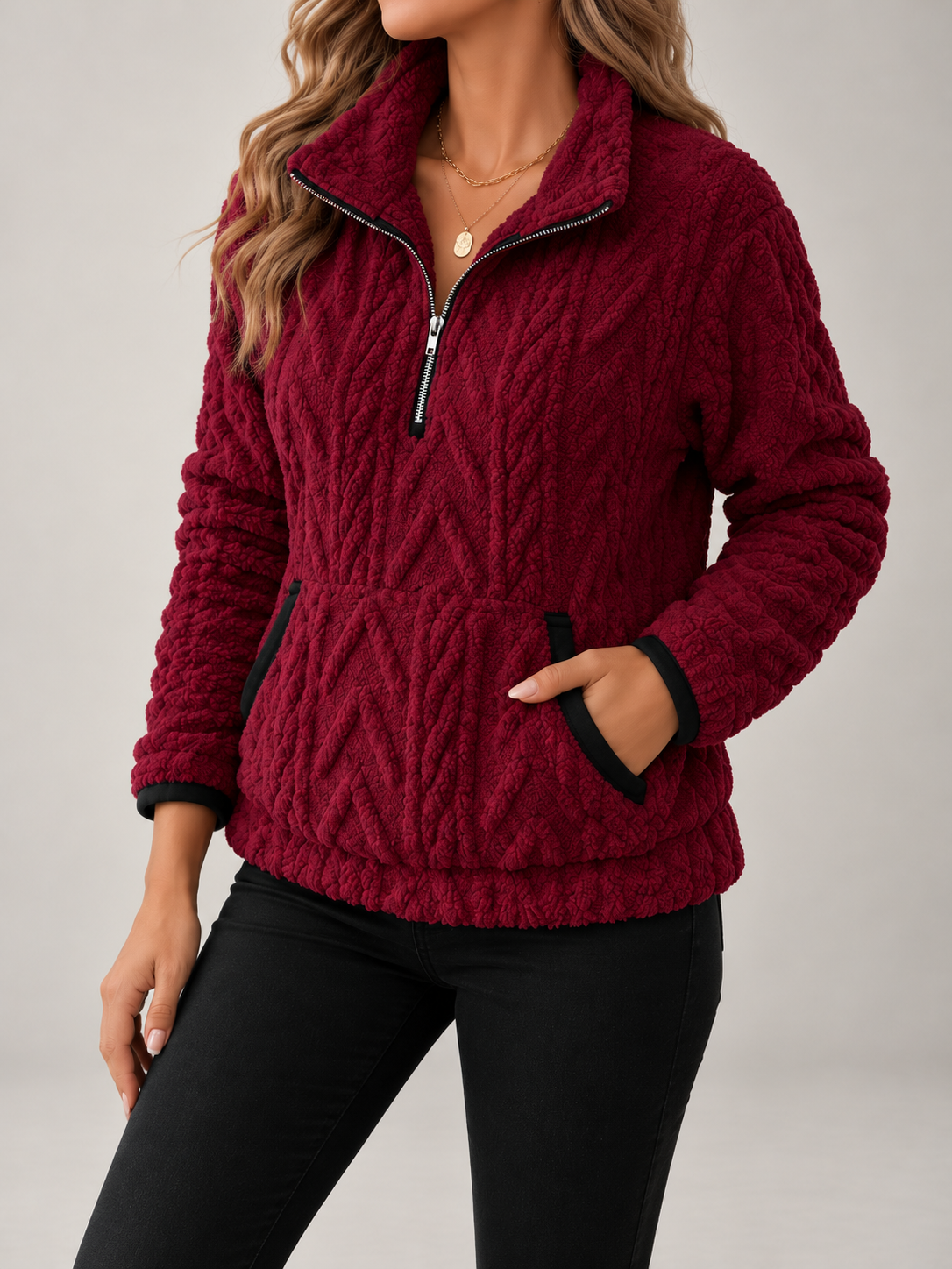 Women's Cable Textured Teddy Half-Zip Sweatshirt | Lapel Collar, Contrast Trim