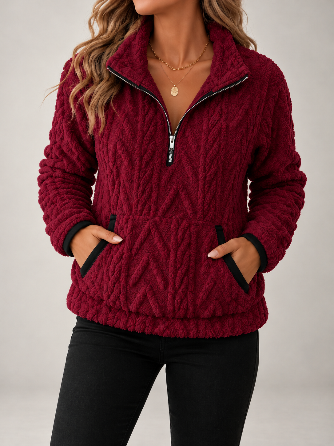 Women's Cable Textured Teddy Half-Zip Sweatshirt | Lapel Collar, Contrast Trim
