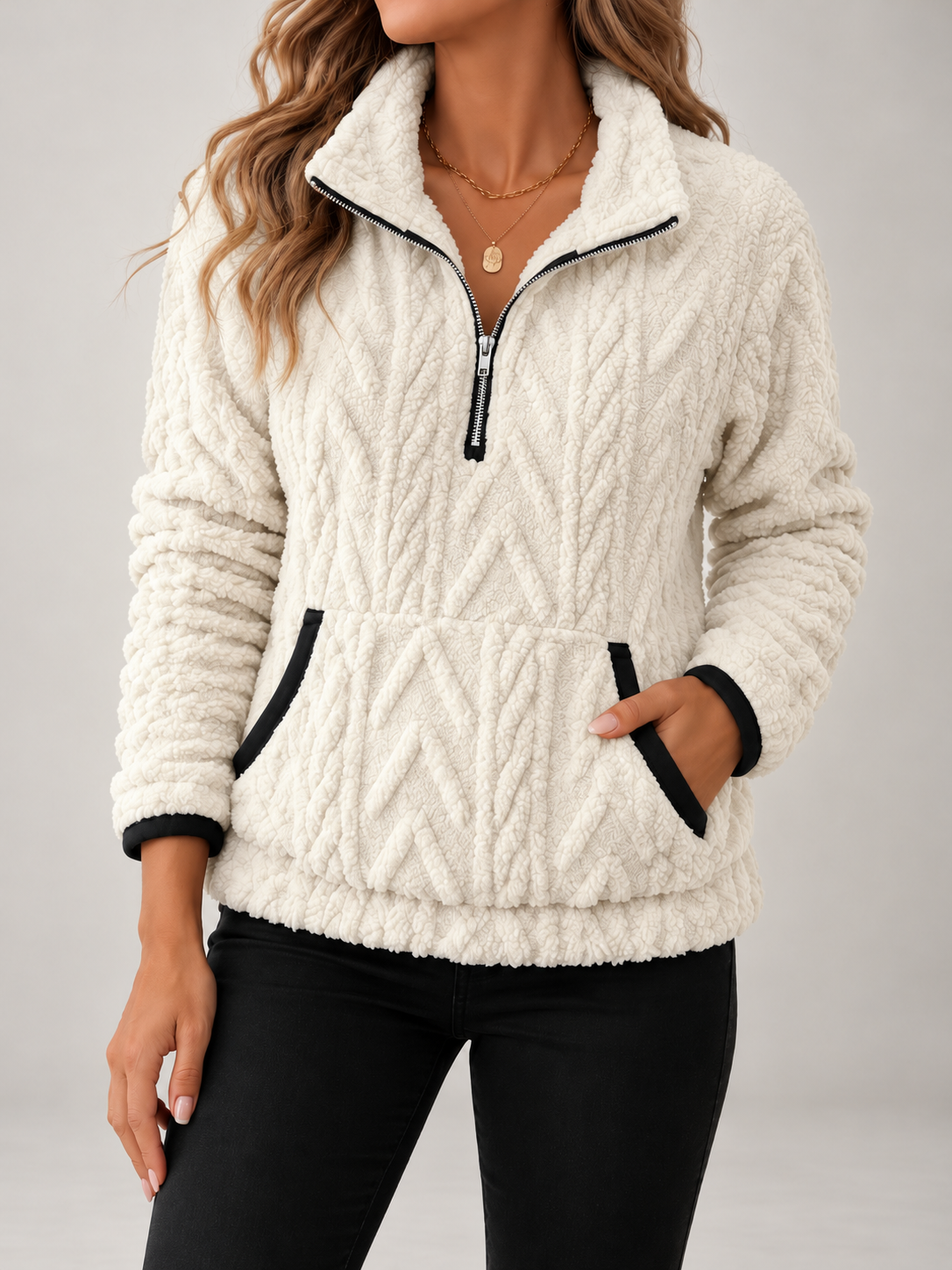 Women's Cable Textured Teddy Half-Zip Sweatshirt | Lapel Collar, Contrast Trim