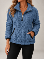 Women's Cable Textured Teddy Half-Zip Sweatshirt | Lapel Collar, Contrast Trim