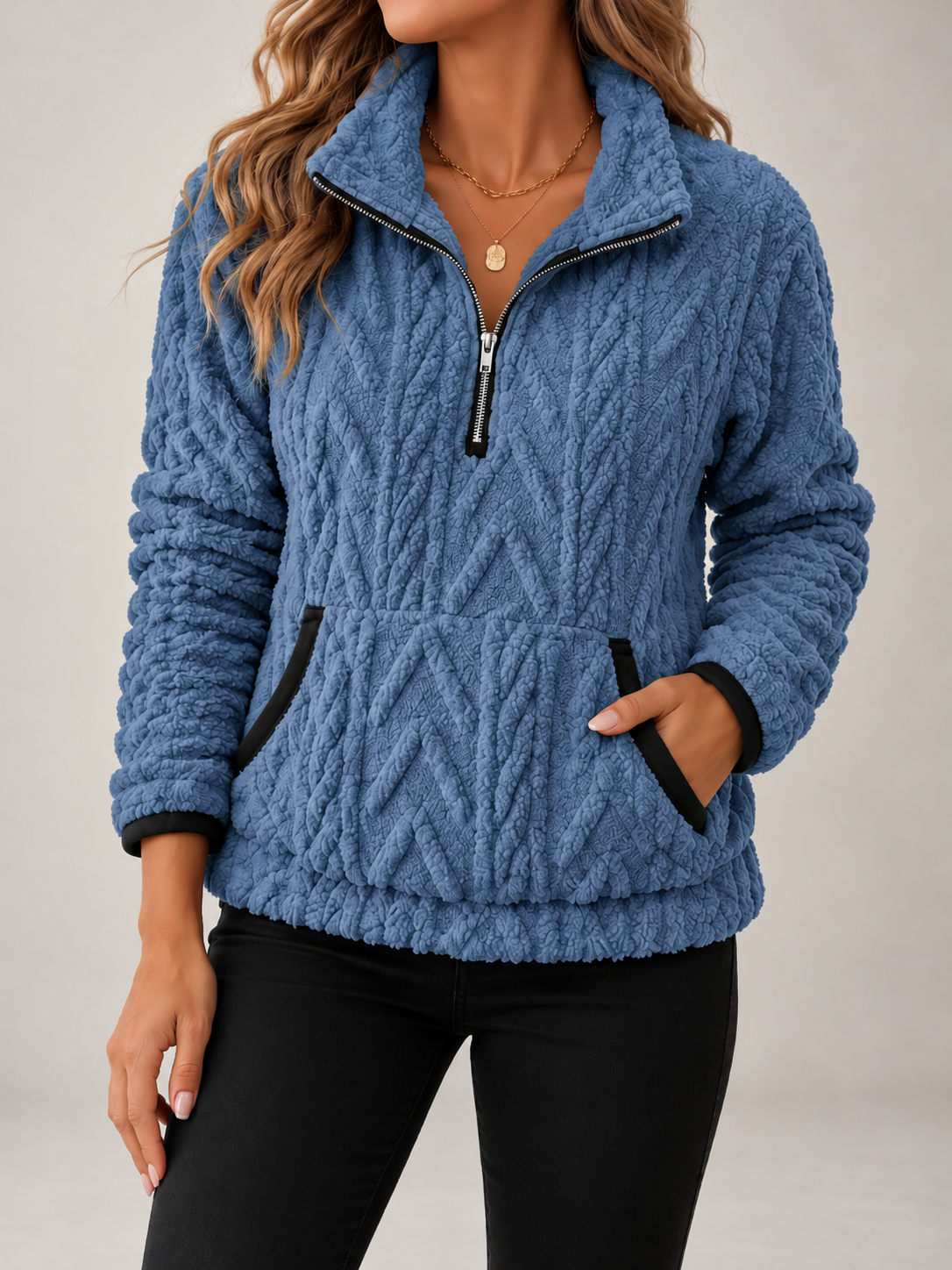 Women's Cable Textured Teddy Half-Zip Sweatshirt | Lapel Collar, Contrast Trim