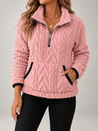 Women's Cable Textured Teddy Half-Zip Sweatshirt | Lapel Collar, Contrast Trim