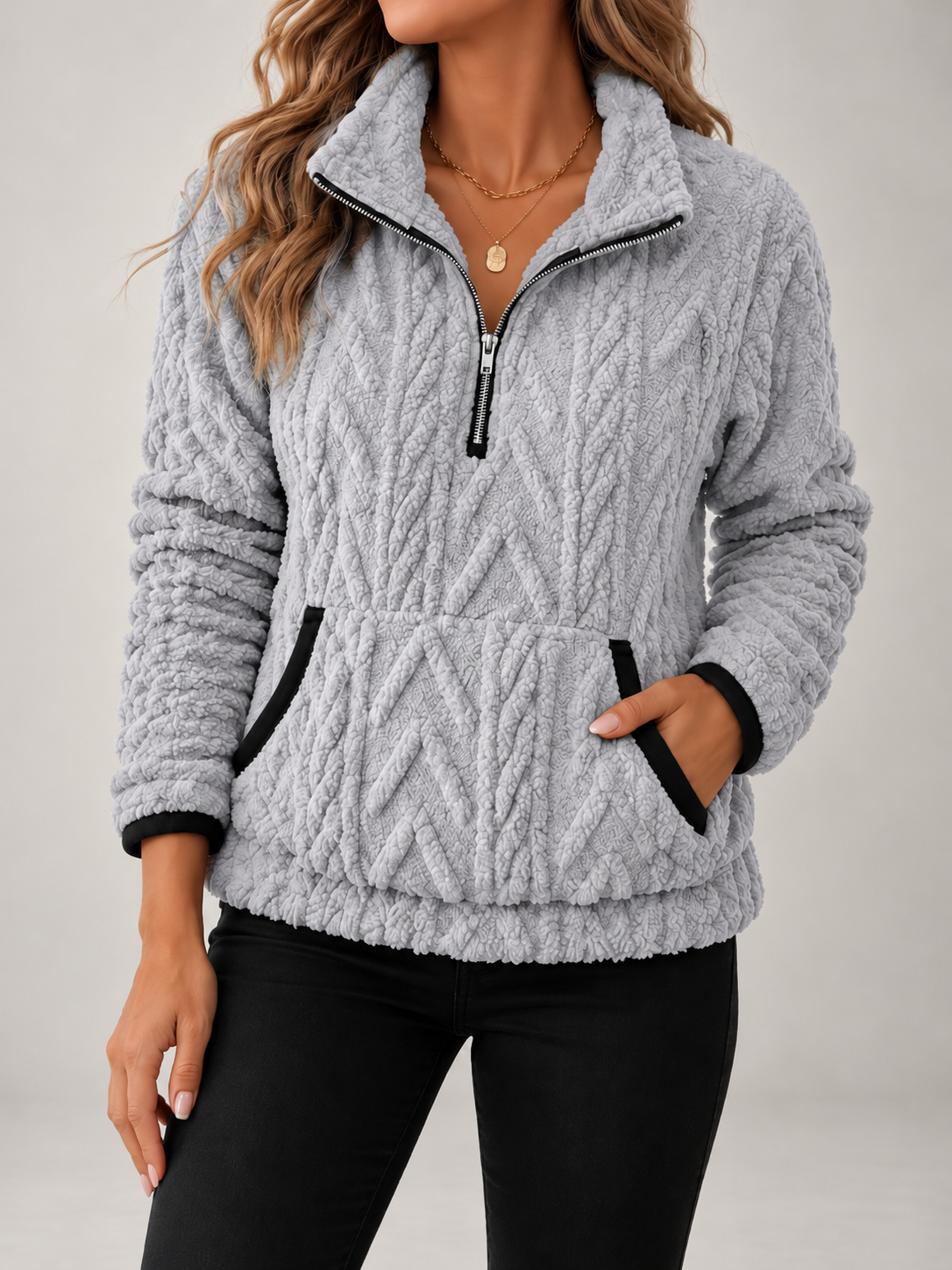 Women's Cable Textured Teddy Half-Zip Sweatshirt | Lapel Collar, Contrast Trim