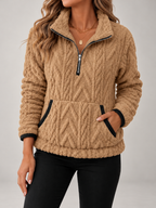Women's Cable Textured Teddy Half-Zip Sweatshirt | Lapel Collar, Contrast Trim