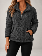 Women's Cable Textured Teddy Half-Zip Sweatshirt | Lapel Collar, Contrast Trim
