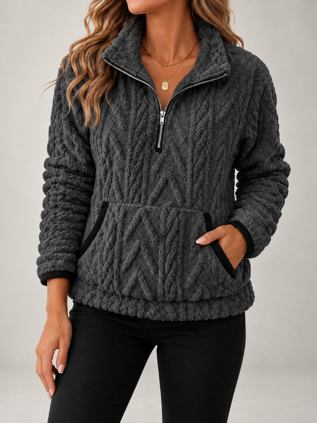 Women's Cable Textured Teddy Half-Zip Sweatshirt | Lapel Collar, Contrast Trim