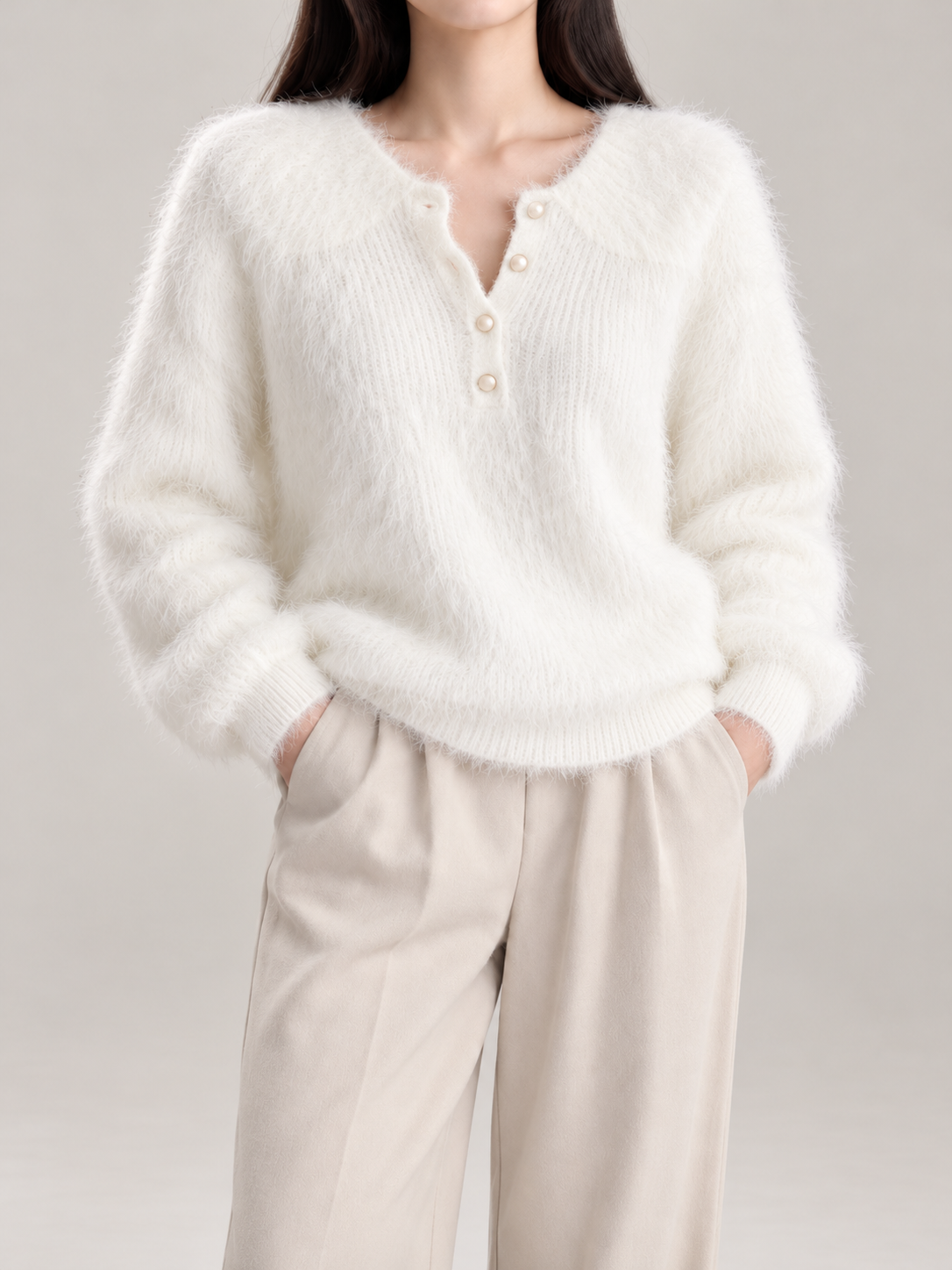 Women's Fluffy Knit Henley Jumper | Pearl Buttons, Relaxed Fit