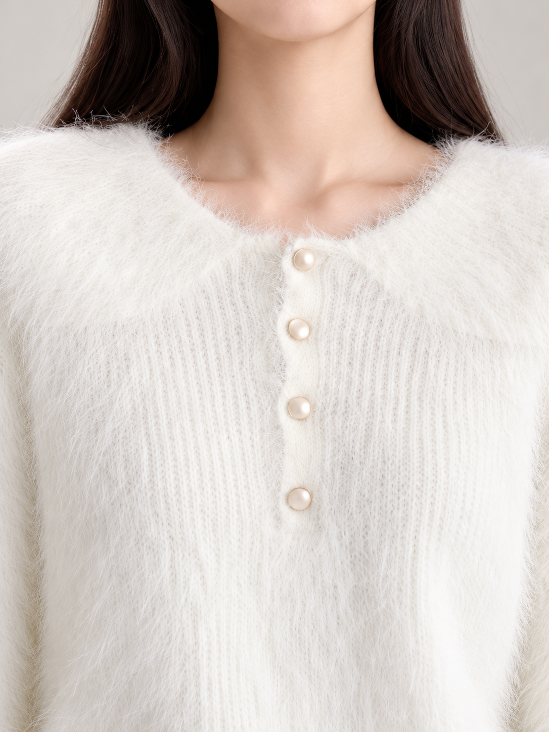 Women's Fluffy Knit Henley Jumper | Pearl Buttons, Relaxed Fit
