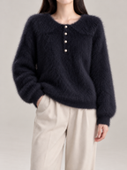 Women's Fluffy Knit Henley Jumper | Pearl Buttons, Relaxed Fit