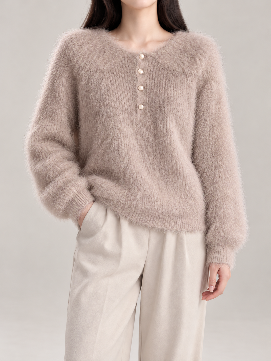 Women's Fluffy Knit Henley Jumper | Pearl Buttons, Relaxed Fit