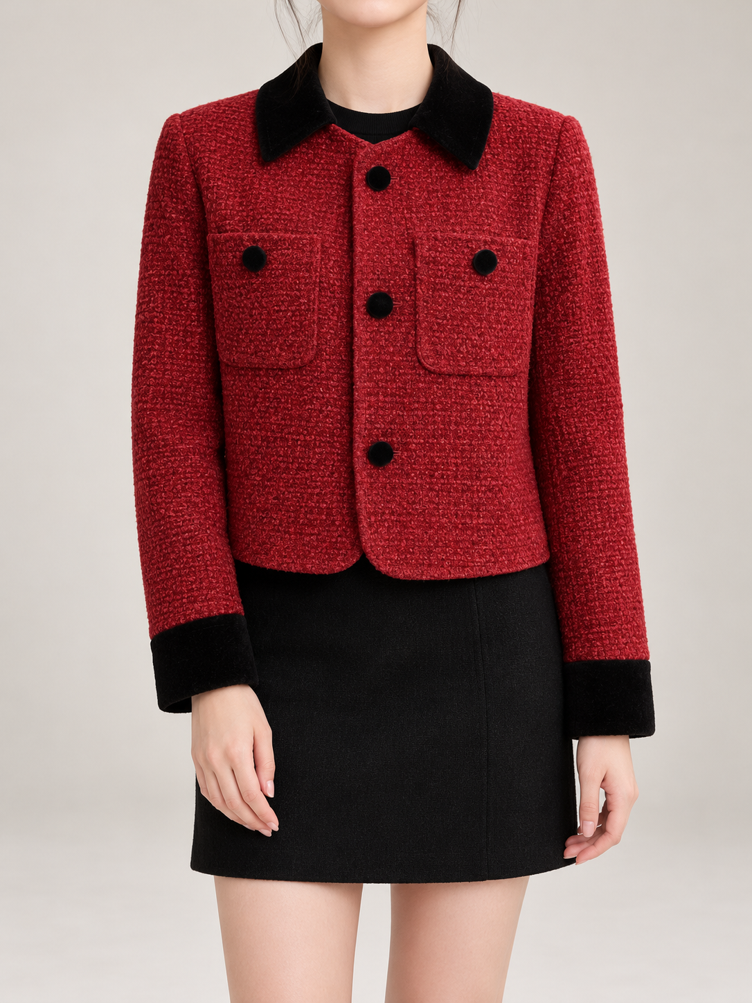 Women's Tweed Cropped Jacket | Velvet Collar, Patch Pockets
