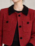 Women's Tweed Cropped Jacket | Velvet Collar, Patch Pockets