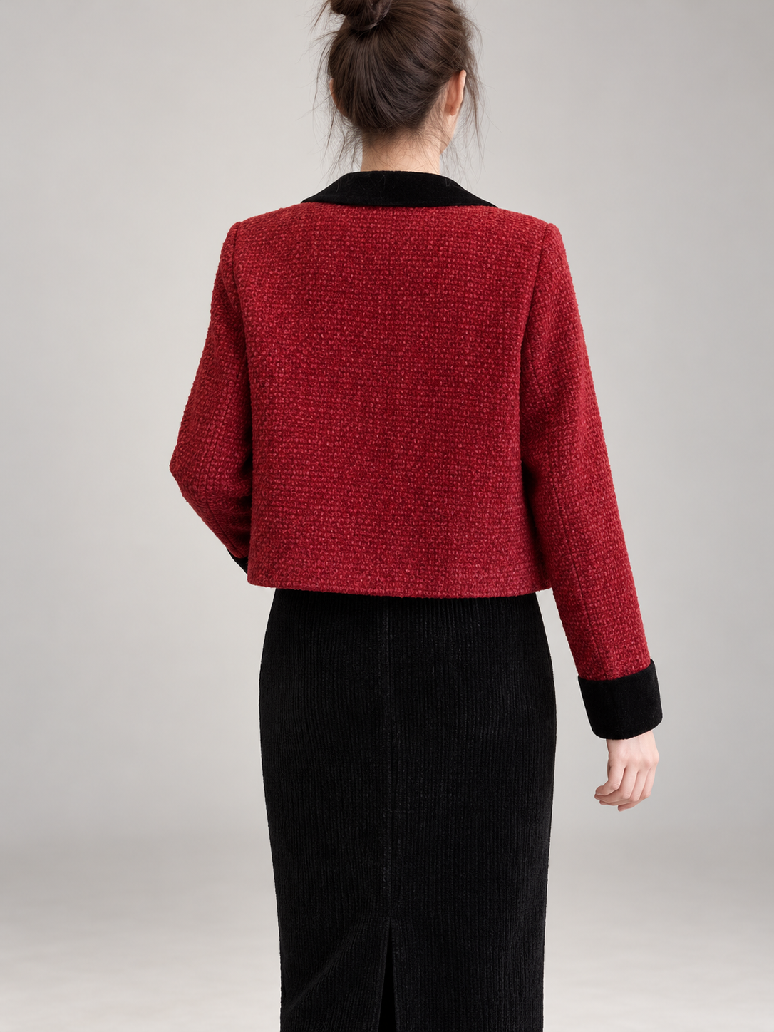 Women's Tweed Cropped Jacket | Velvet Collar, Patch Pockets
