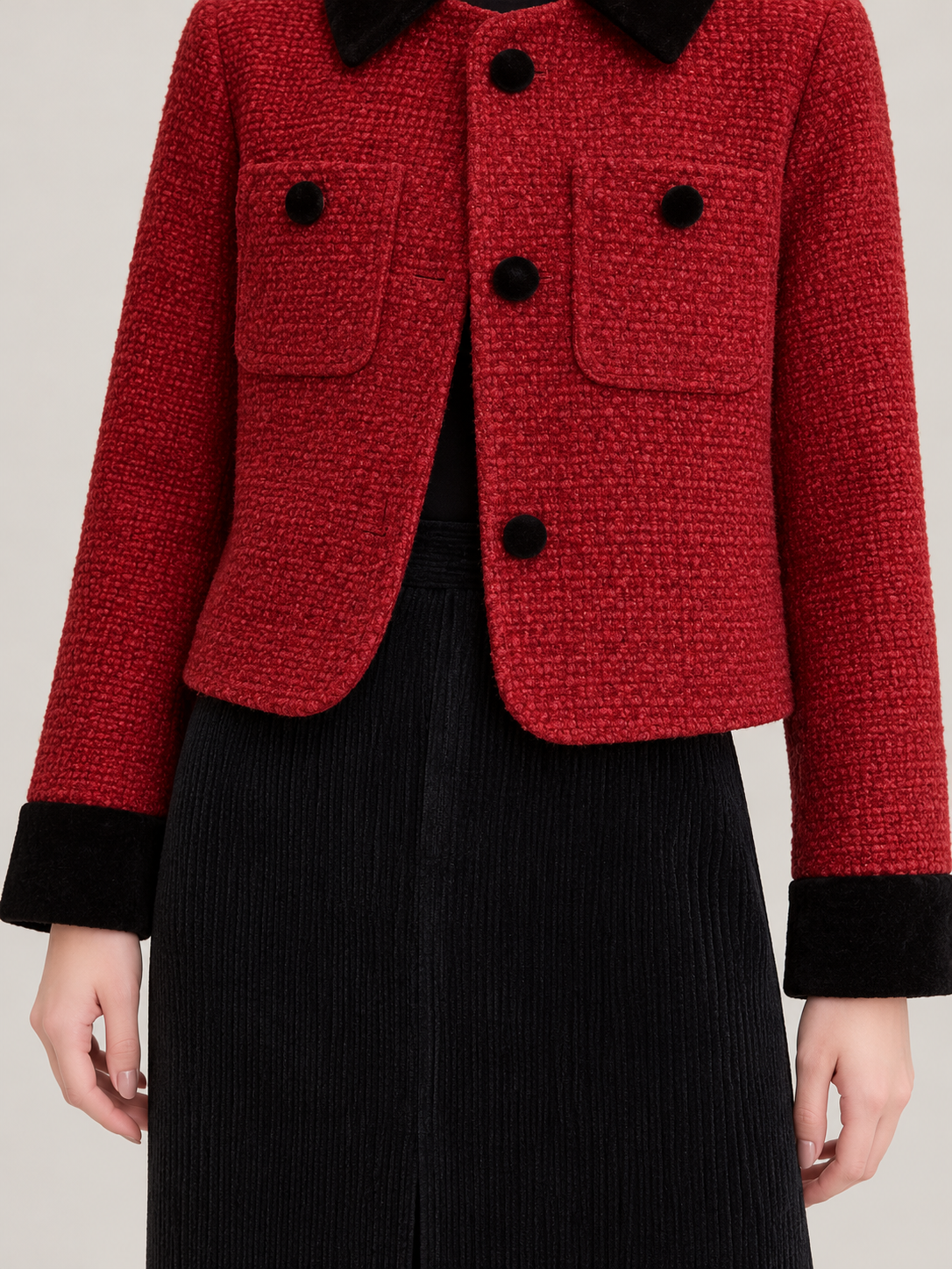 Women's Tweed Cropped Jacket | Velvet Collar, Patch Pockets