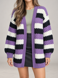Women's Striped Textured Knit Cardigan | Open Front, Balloon Sleeves
