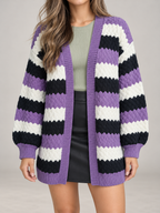 Women's Striped Textured Knit Cardigan | Open Front, Balloon Sleeves