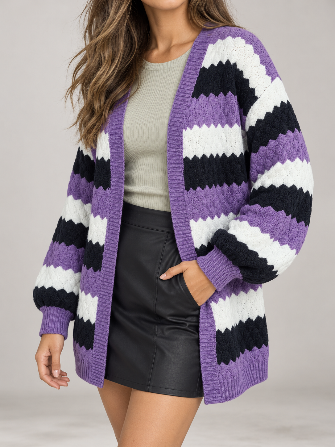 Women's Striped Textured Knit Cardigan | Open Front, Balloon Sleeves