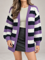 Women's Striped Textured Knit Cardigan | Open Front, Balloon Sleeves