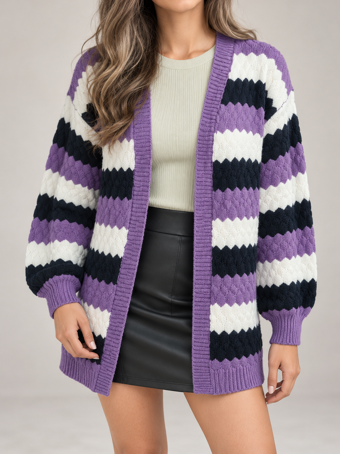 Women's Striped Textured Knit Cardigan | Open Front, Balloon Sleeves