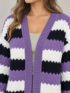 Women's Striped Textured Knit Cardigan | Open Front, Balloon Sleeves