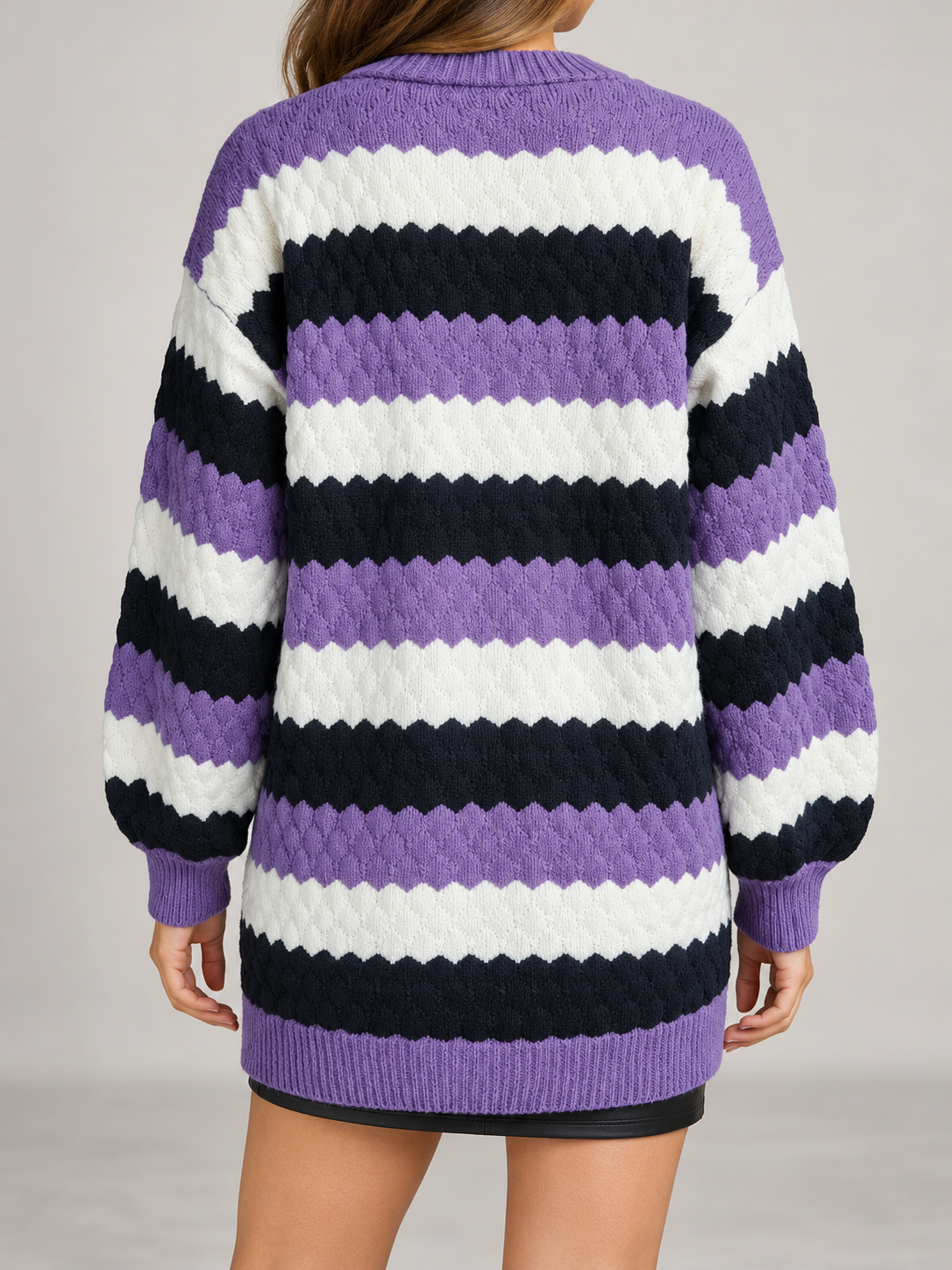 Women's Striped Textured Knit Cardigan | Open Front, Balloon Sleeves