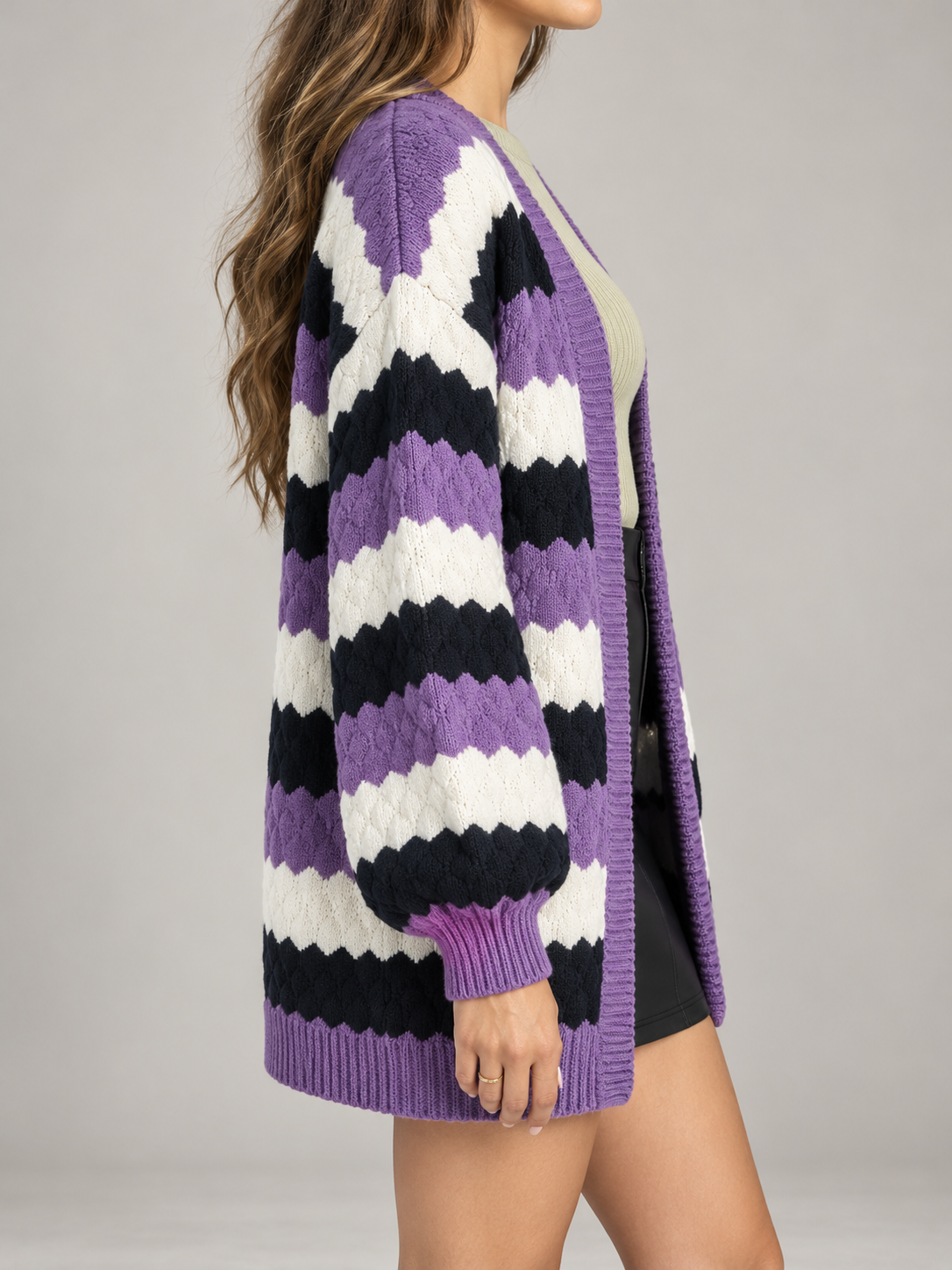 Women's Striped Textured Knit Cardigan | Open Front, Balloon Sleeves