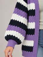Women's Striped Textured Knit Cardigan | Open Front, Balloon Sleeves