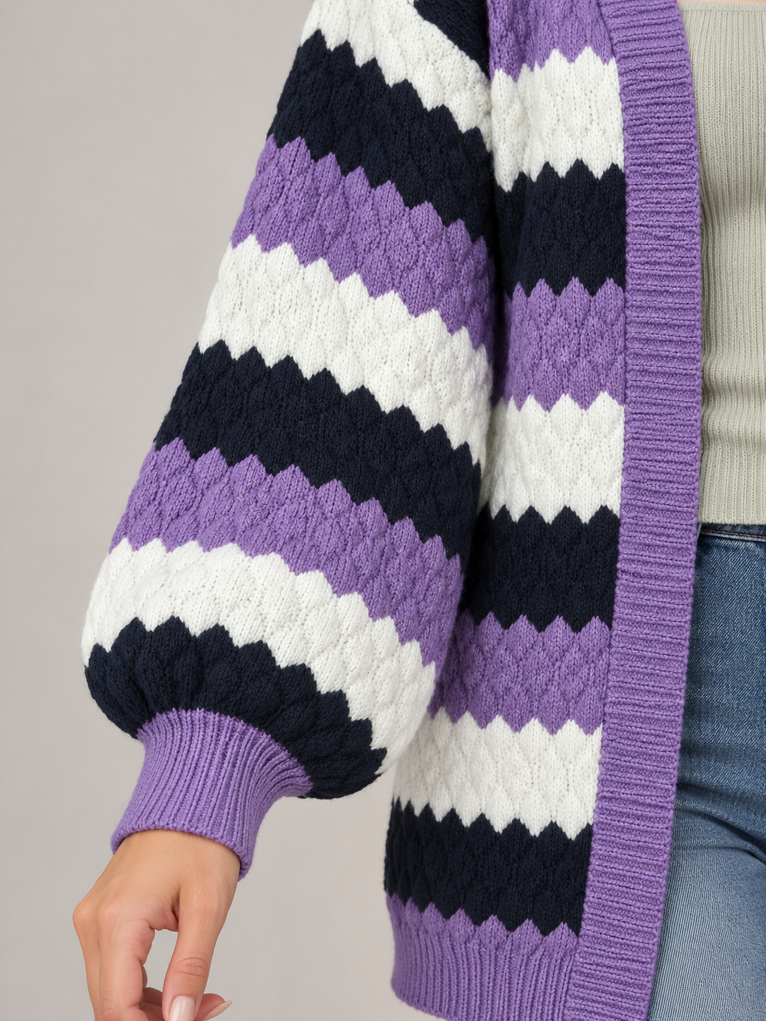 Women's Striped Textured Knit Cardigan | Open Front, Balloon Sleeves
