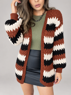 Women's Striped Textured Knit Cardigan | Open Front, Balloon Sleeves