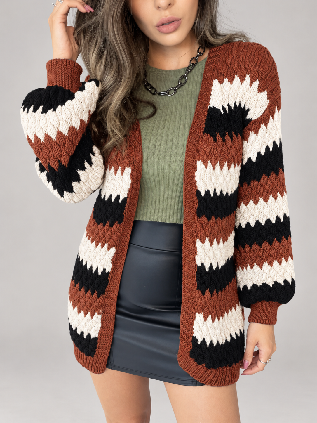 Women's Striped Textured Knit Cardigan | Open Front, Balloon Sleeves