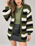 Women's Striped Textured Knit Cardigan | Open Front, Balloon Sleeves
