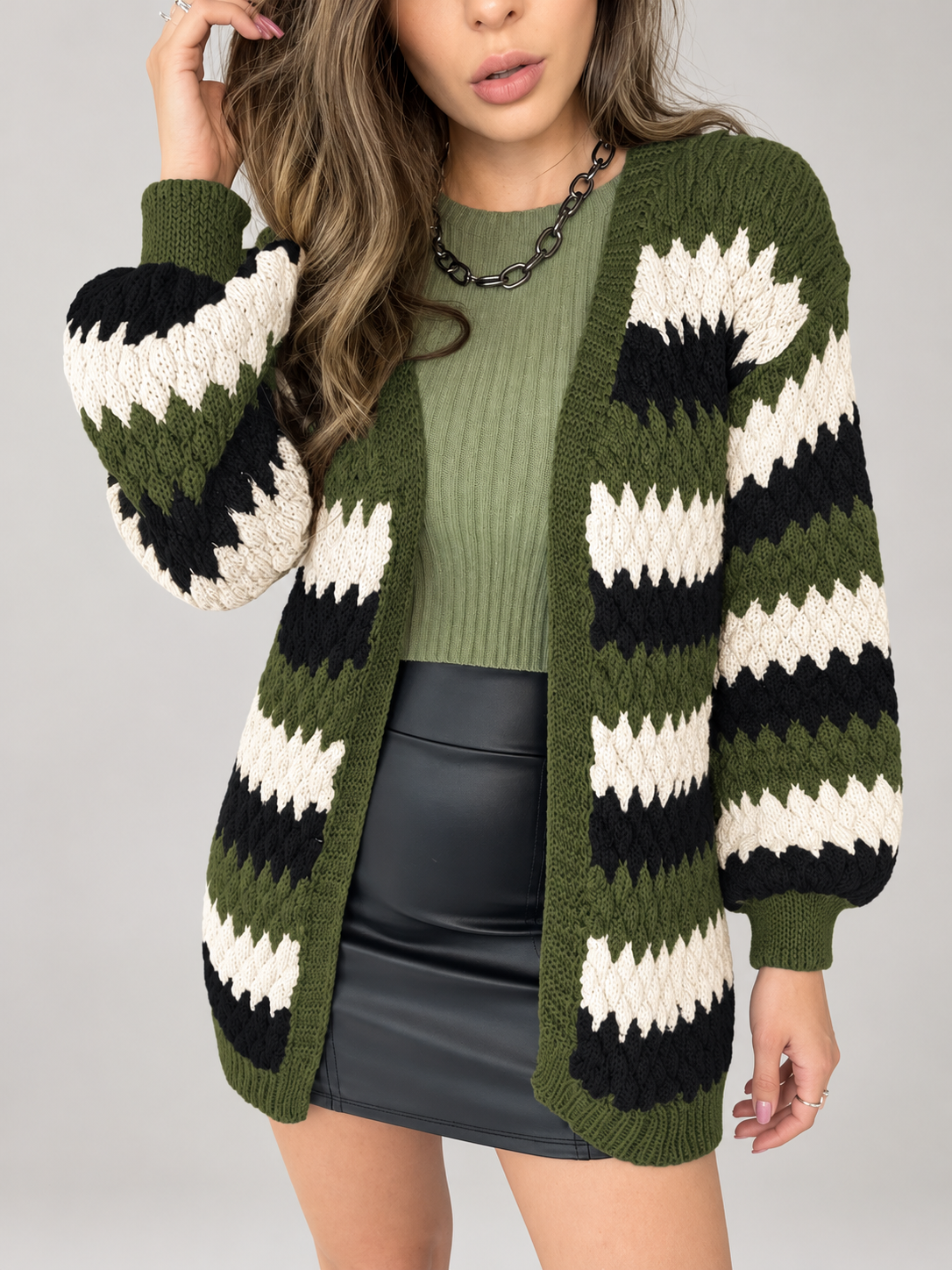 Women's Striped Textured Knit Cardigan | Open Front, Balloon Sleeves