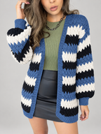 Women's Striped Textured Knit Cardigan | Open Front, Balloon Sleeves