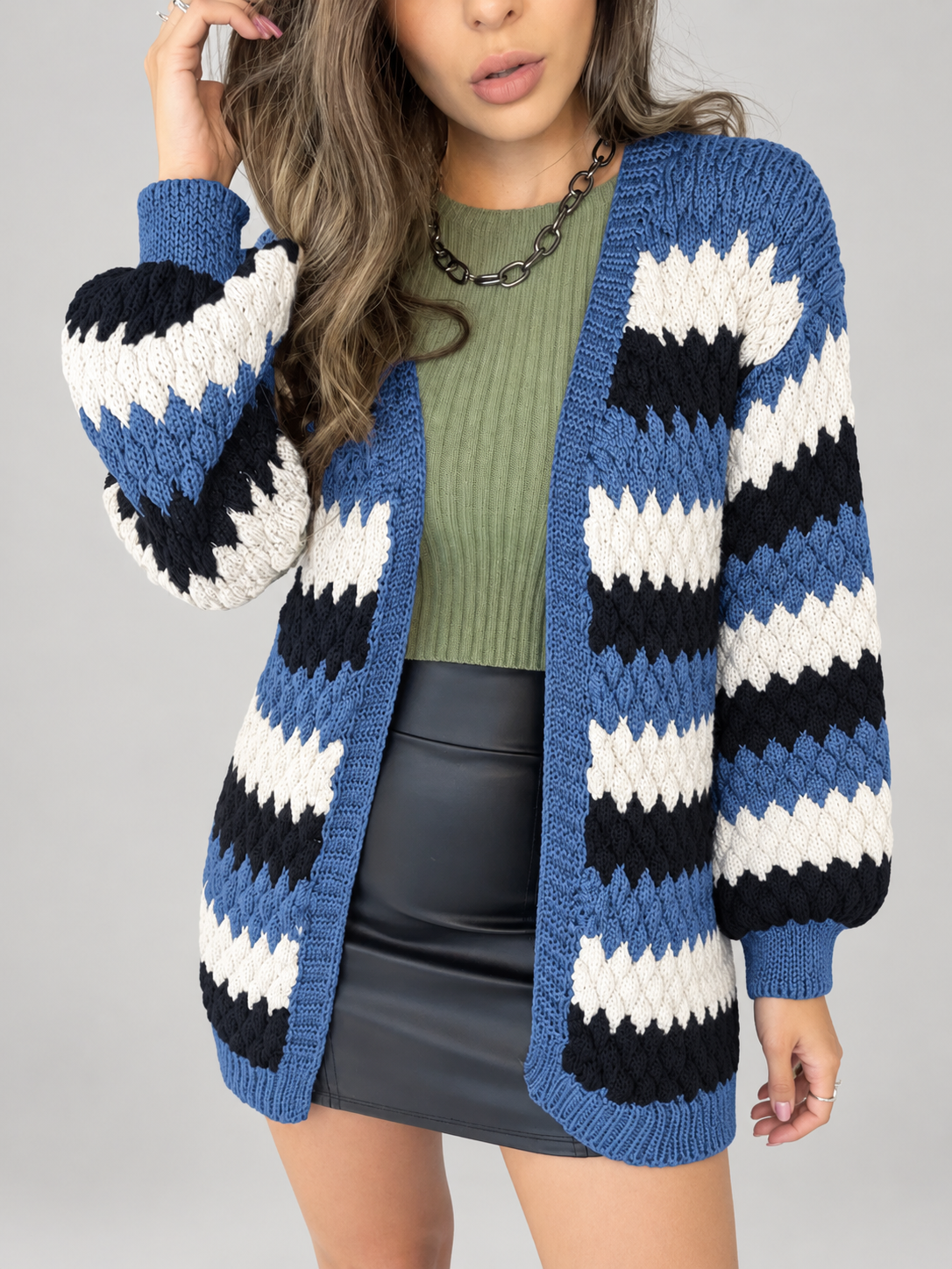Women's Striped Textured Knit Cardigan | Open Front, Balloon Sleeves