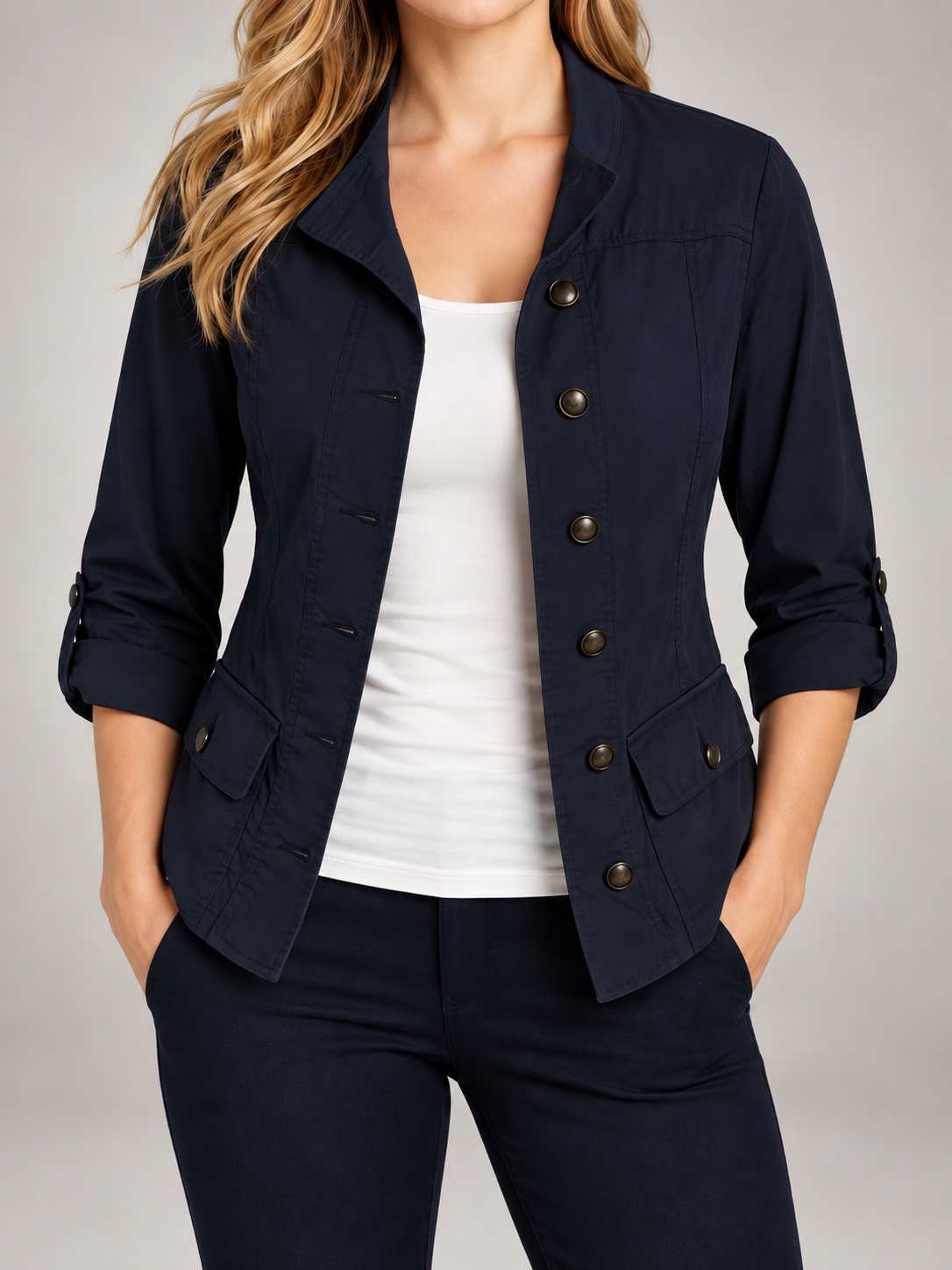 Women's Cotton Utility Jacket | Stand Collar, Roll-Tab Sleeves