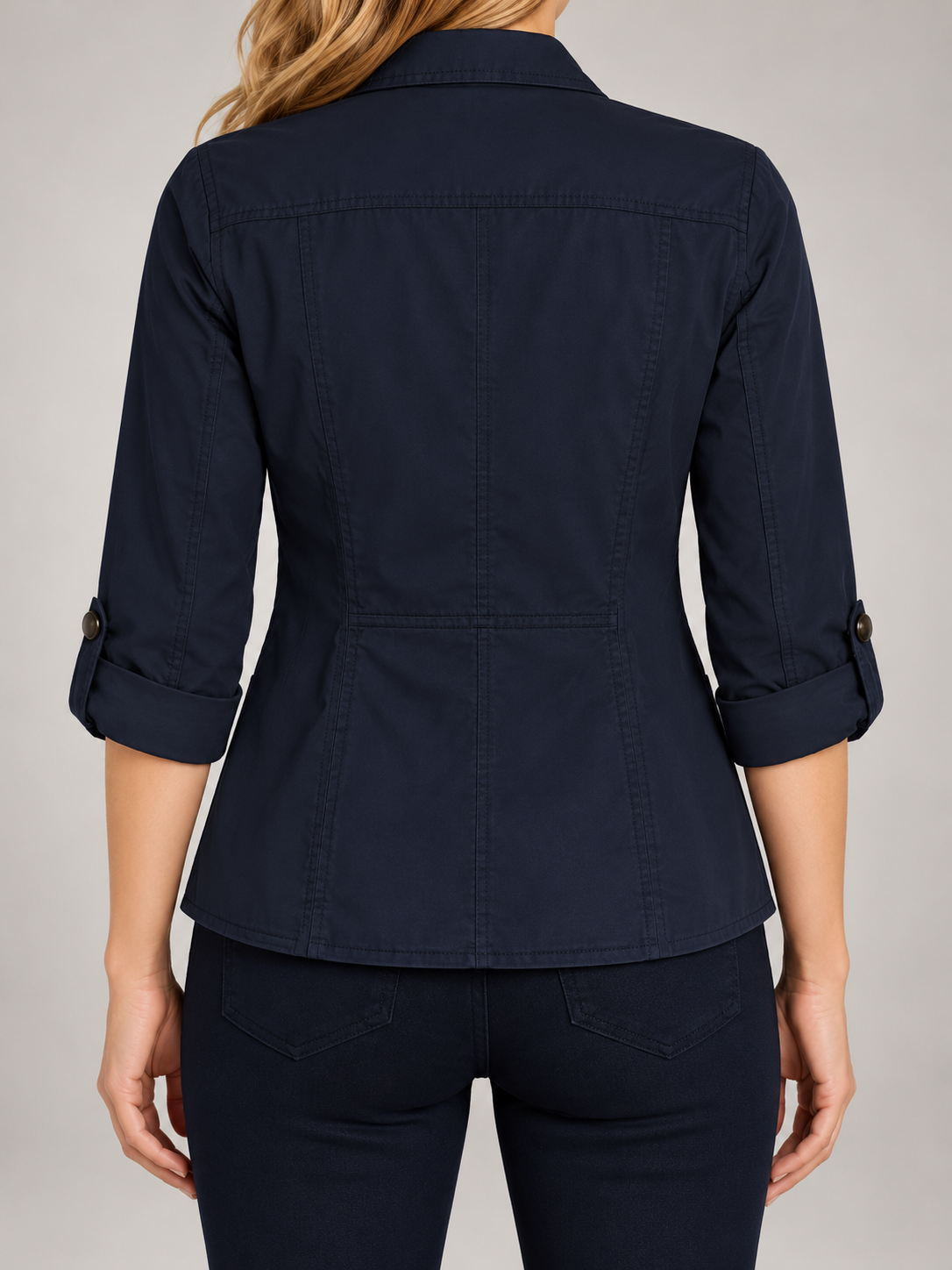Women's Cotton Utility Jacket | Stand Collar, Roll-Tab Sleeves