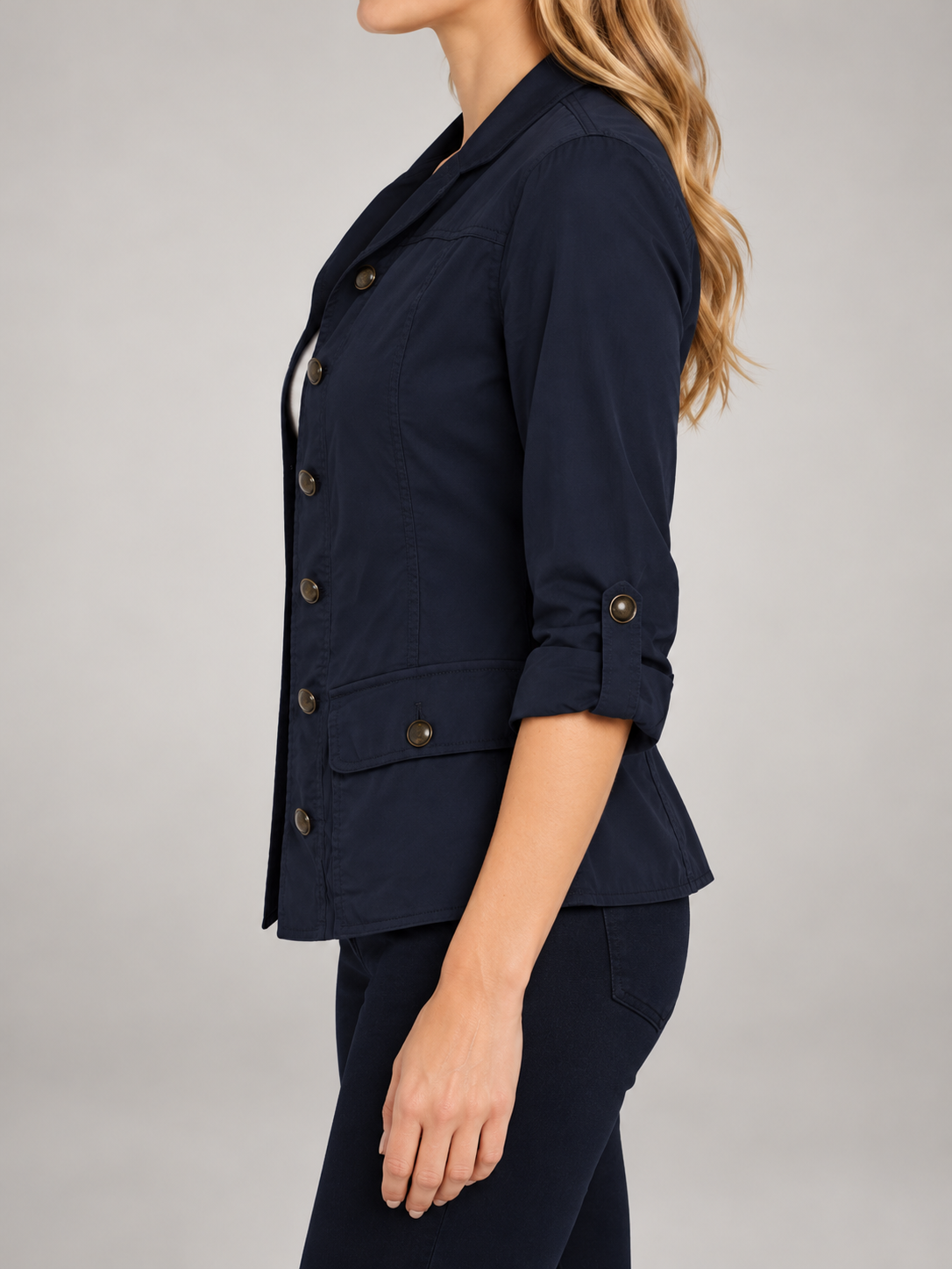 Women's Cotton Utility Jacket | Stand Collar, Roll-Tab Sleeves