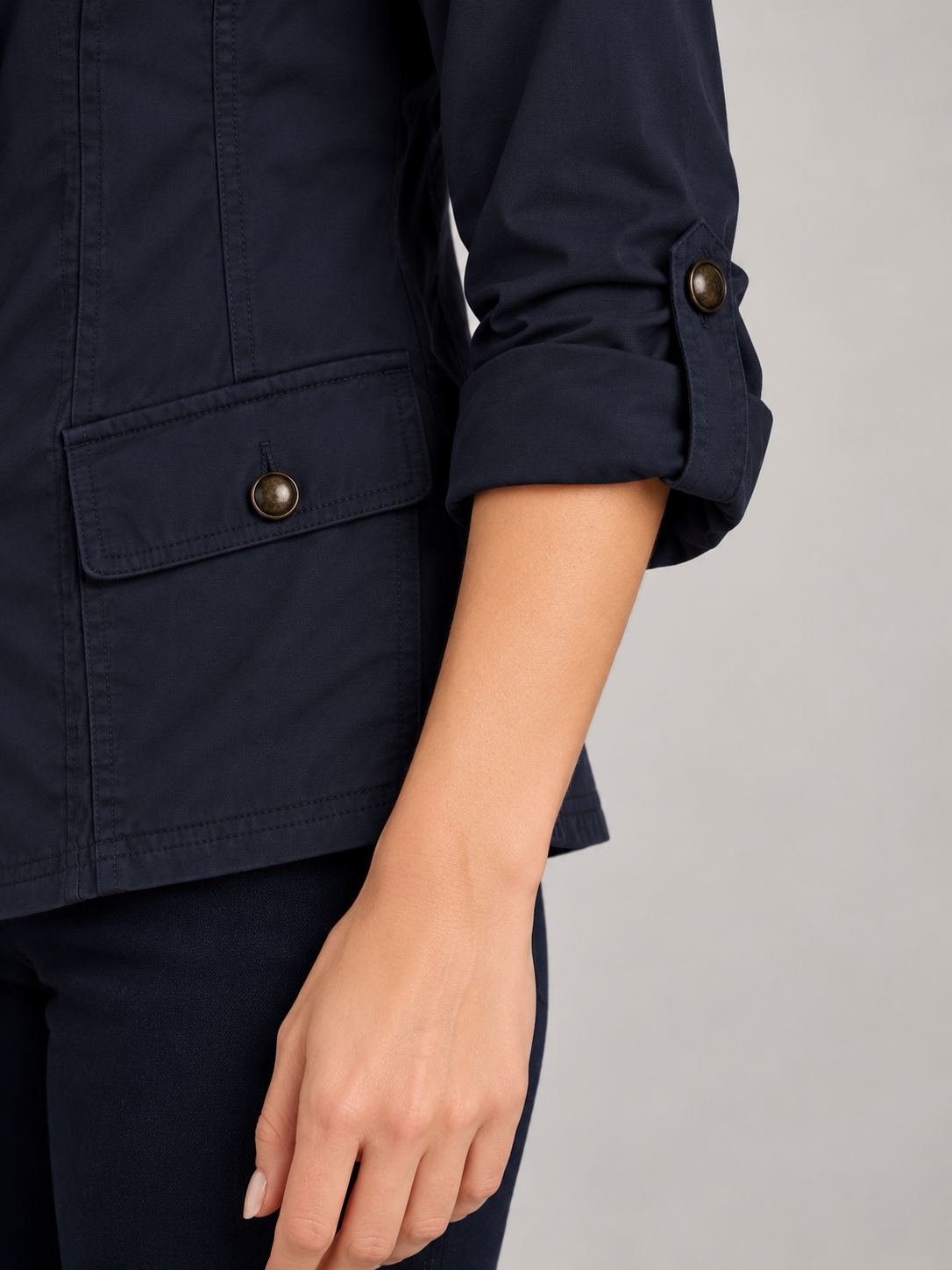 Women's Cotton Utility Jacket | Stand Collar, Roll-Tab Sleeves