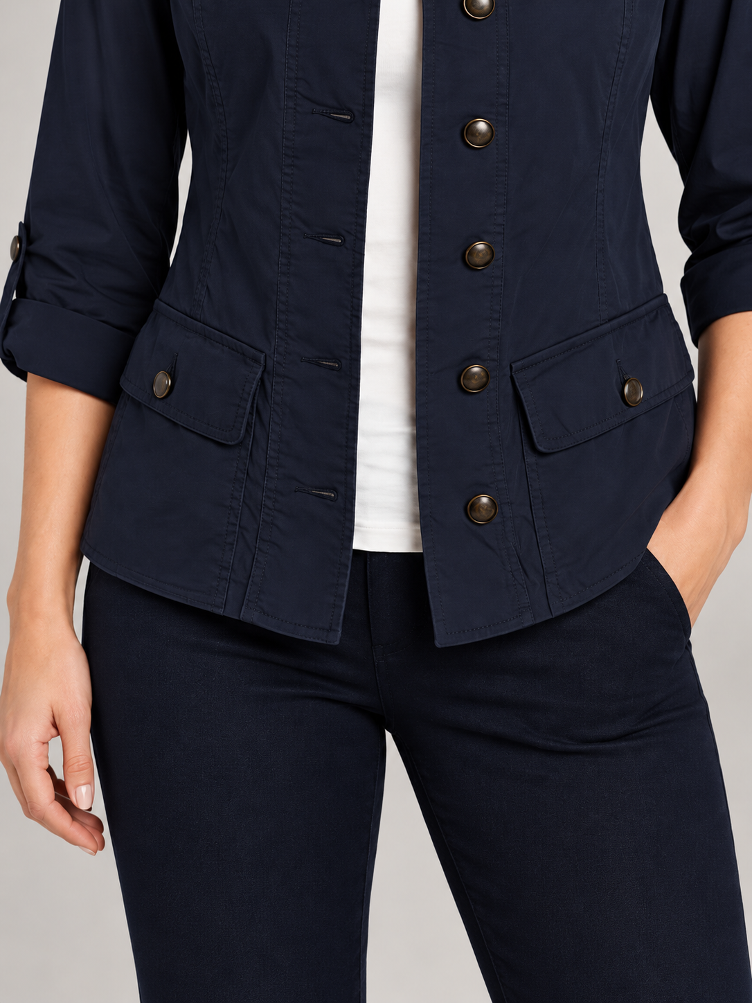 Women's Cotton Utility Jacket | Stand Collar, Roll-Tab Sleeves