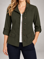 Women's Cotton Utility Jacket | Stand Collar, Roll-Tab Sleeves