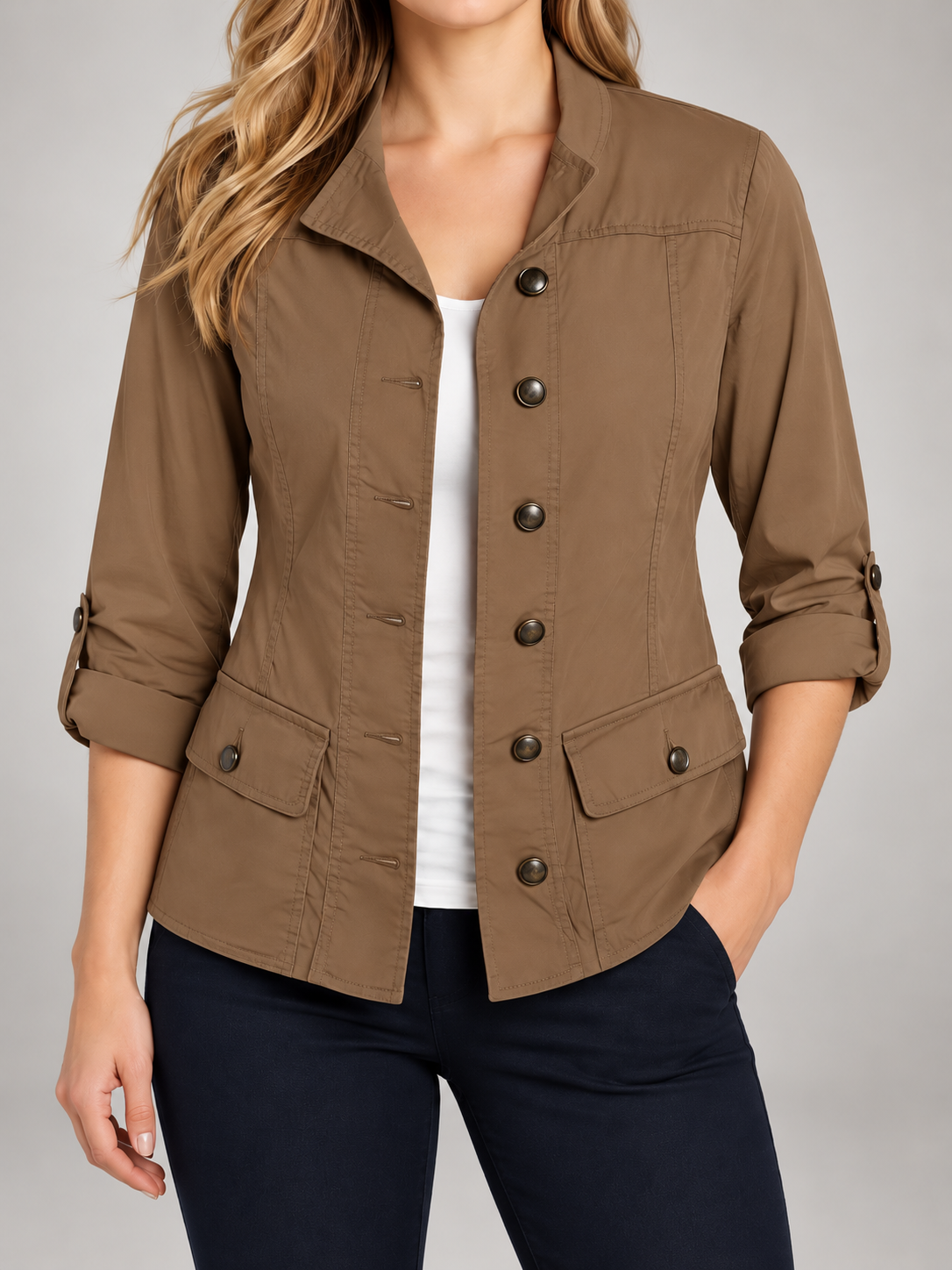 Women's Cotton Utility Jacket | Stand Collar, Roll-Tab Sleeves