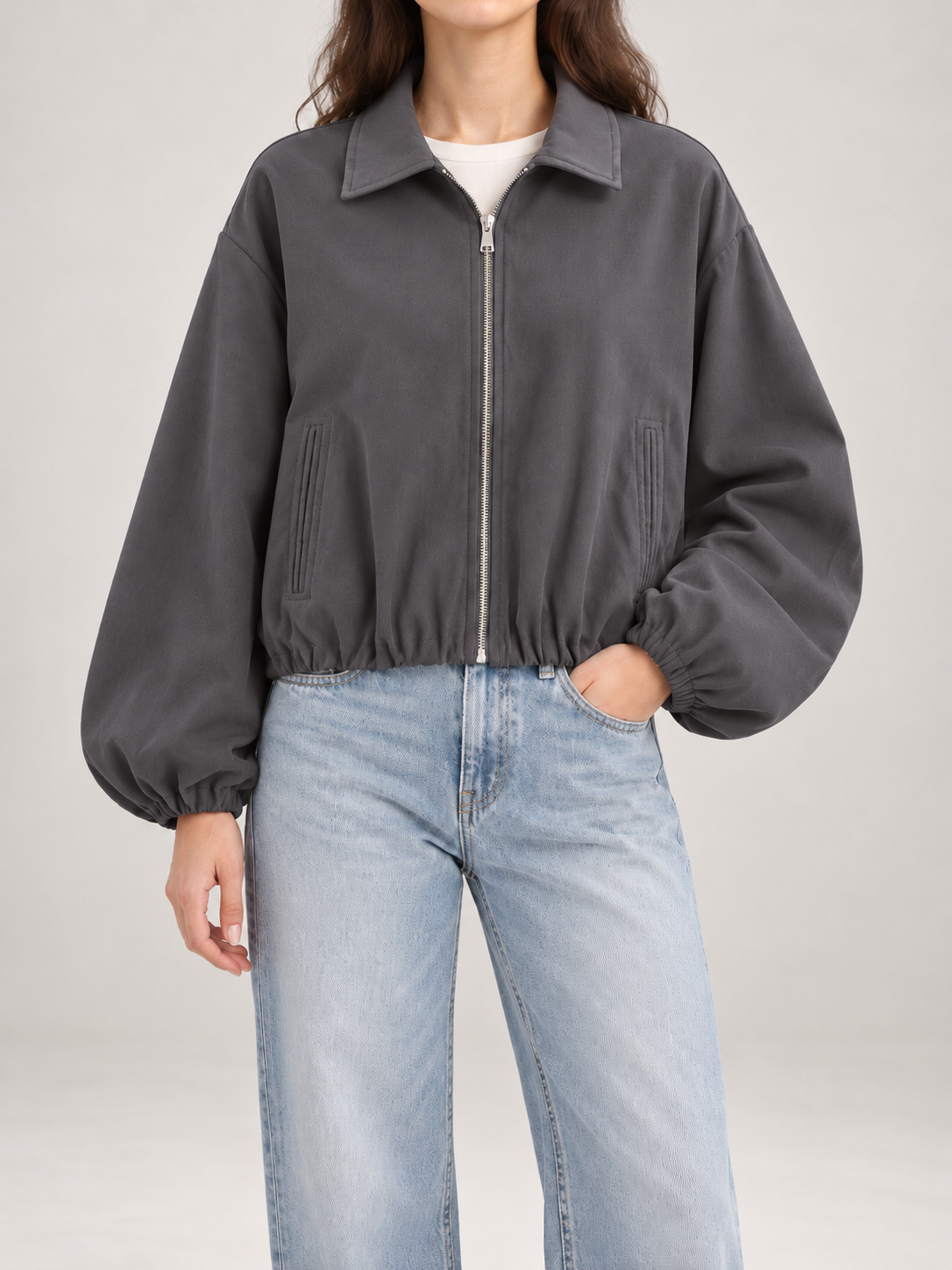 Women's Cropped Zip Jacket | Collared, Elasticated Hem