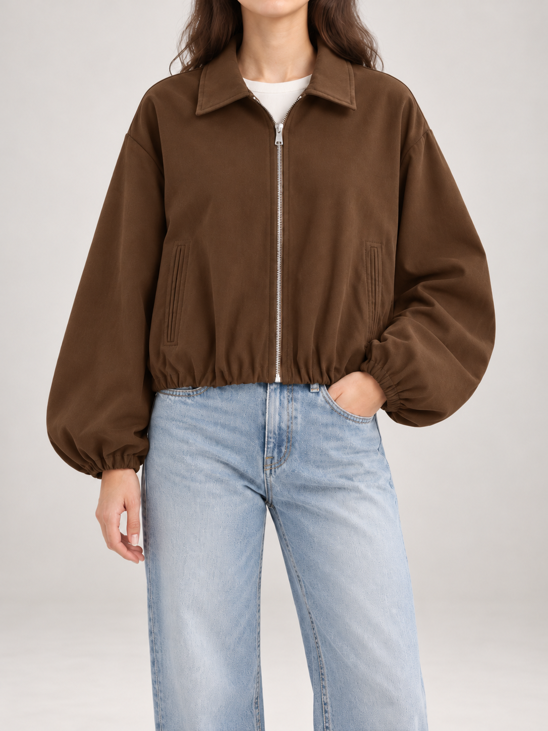 Women's Cropped Zip Jacket | Collared, Elasticated Hem