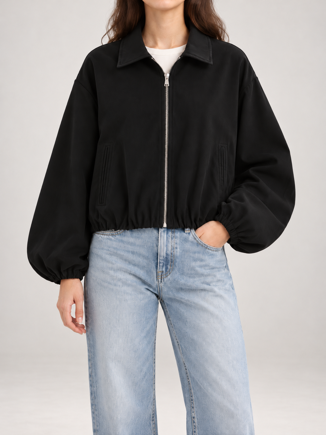 Women's Cropped Zip Jacket | Collared, Elasticated Hem