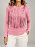 Women's Fringe Front Long Sleeve Top | Crew Neck, Stretch Jersey